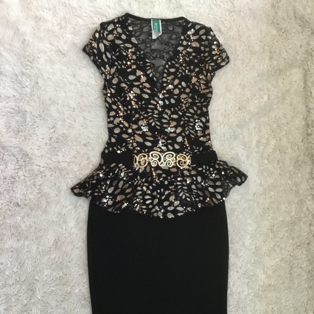 IPONA Lace Sparkly Printed Short Dress Peplum Flared Short Sleeve Black S